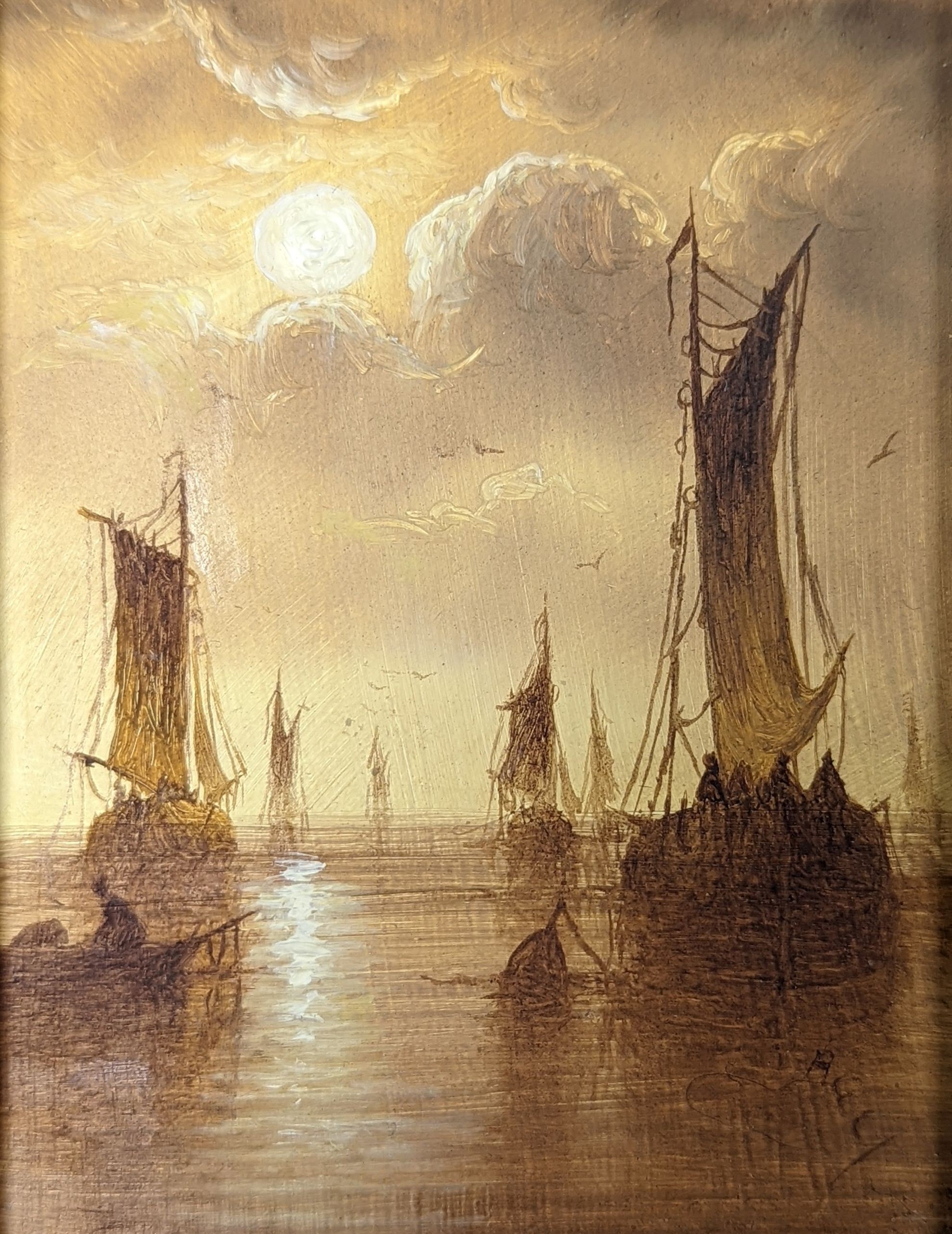 Dutch School, pair of oils on board, Fishing boats at sunset, 8.5 x 6.5cm